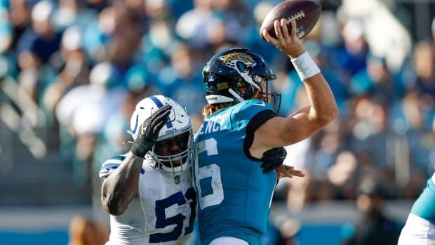 Jan 9, 2022; Jacksonville, Florida, USA; Indianapolis Colts defensive end Kwity Paye (51) moves in against Jacksonville Jaguars quarterback Trevor Lawrence (16) in the second half at TIAA Bank Field. Mandatory Credit: Nathan Ray Seebeck-USA TODAY Sports